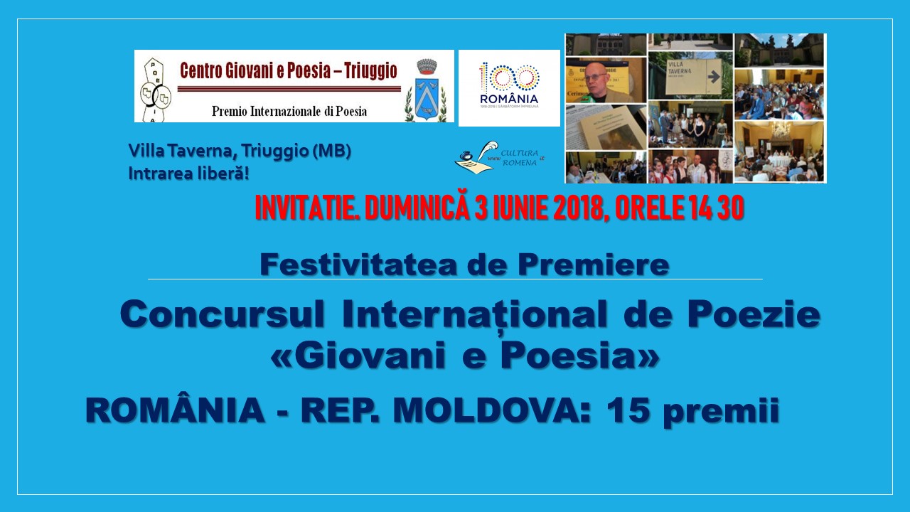 România și Republica Moldova numeroase premii și distincții la Premiul Internațional de Poezie GIOVANI E POESIA – duminică 3 iunie 2018, Villa Taverna, Triuggio (MB)