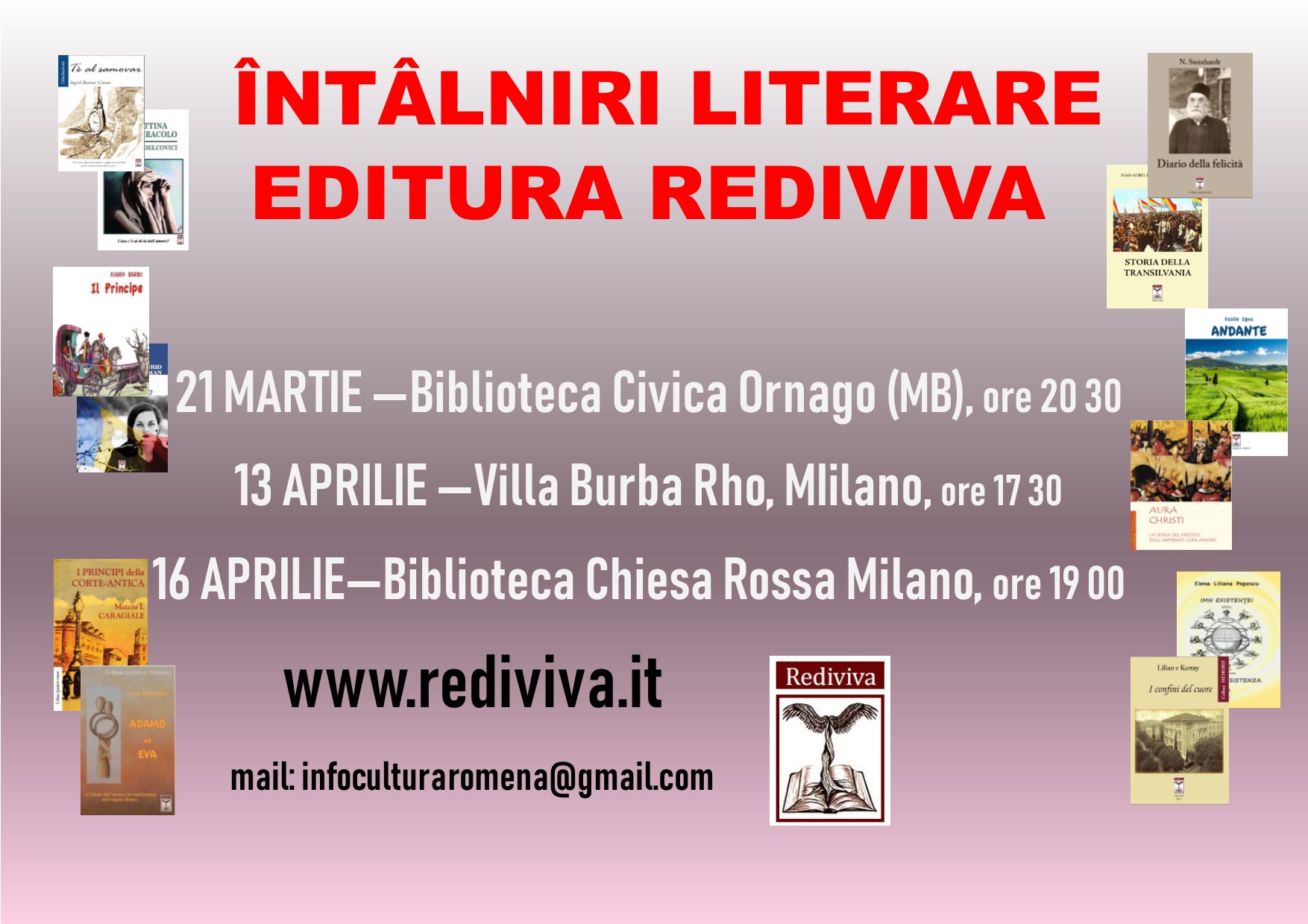Comunicat. Evenimente editura Rediviva în bibliotecile italiene﻿ – martie-aprilie 2019
