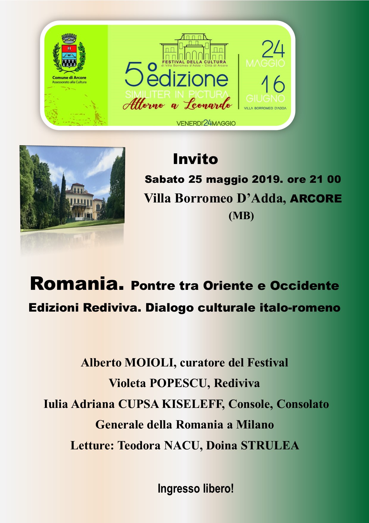 Comunicat editura Rediviva. Prezență românească la Festivalul Culturii din Arcore – Monza Brianza